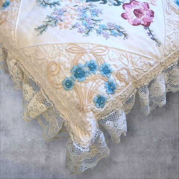 Embroidered Throw Pillow Vintage Cottagecore Floral Lace Pastel Feminine 12" - Picture 7 of 13